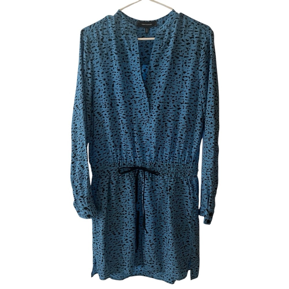 Robert Rodriguez Blue Mini Dress with Long Sleeve Cuffed Sleeves and V-Neck